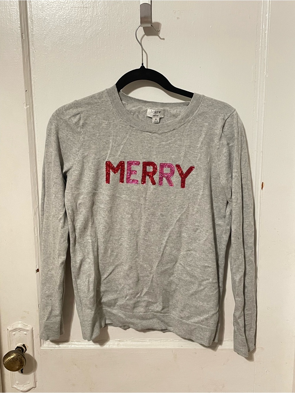 J. Crew Gray Sequin 'MERRY' Crewneck Sweater